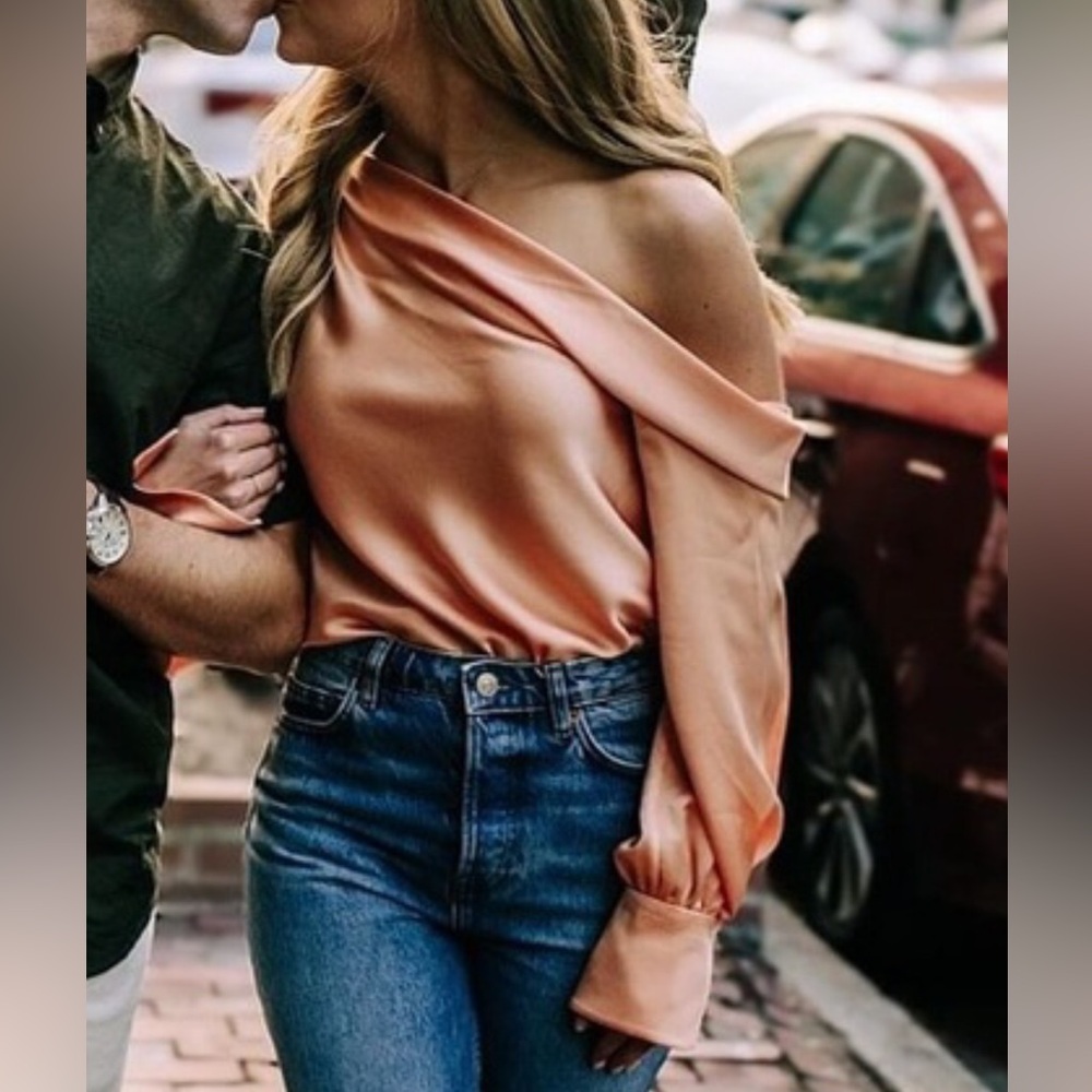 Jonathan Simkhai One-Shoulder Satin Top in Coral Peach